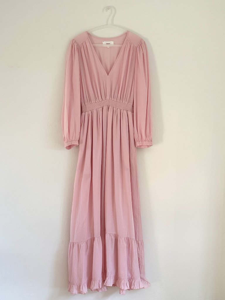 Xirena Blush Pink 3/4 Sleeve V-Neck Tiered Maxi Dress With Elastic Waist